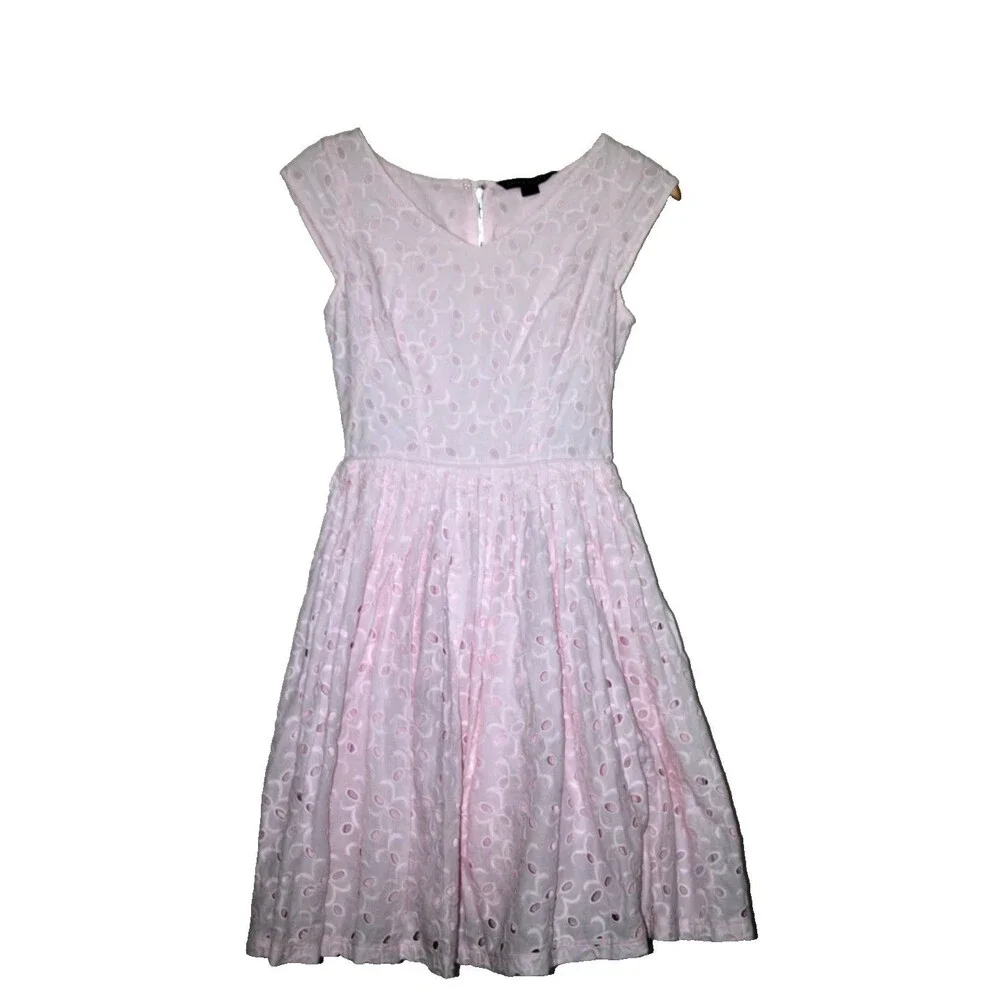 Kaya & Sloane Fit Flare Women's Pink Eyelet Cap Sleeve Dress Romantic Spring Sm